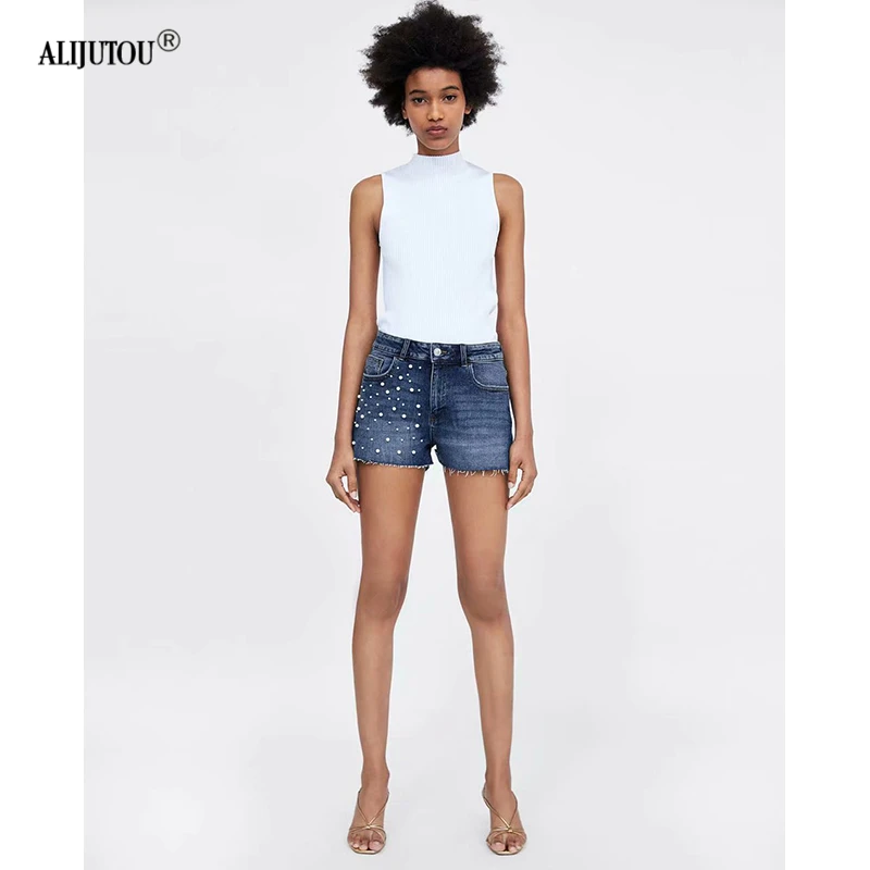 zaraing Women's mid Waist Denim Shorts 2019 Peals Beaded Ripped Jeans Shorts Fashion Brand Sexy Hot Femme Casual Denim Shorts