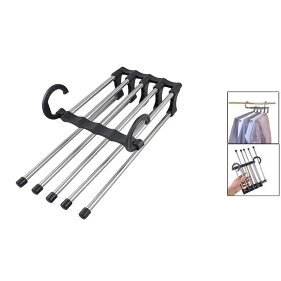 

Hot Sale Stainless Steel Multifunction Dual Hooks 5 Ways Pants Trousers Hanger Rack Black