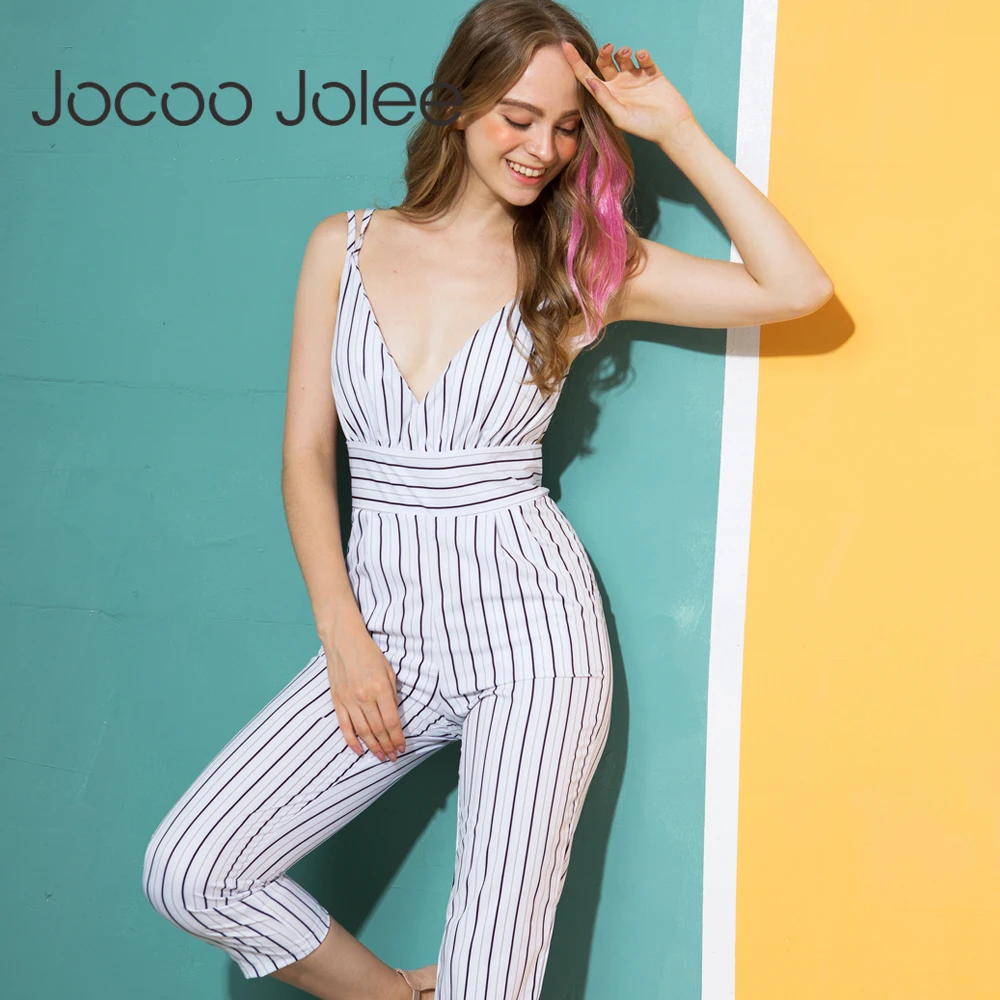 

Jocoo Jolee New Jumpsuit Women Striped Clubwear V-Neck Playsuit Sleeveless Jumper Bodycon Party Jumpsuit Female Summer Backless
