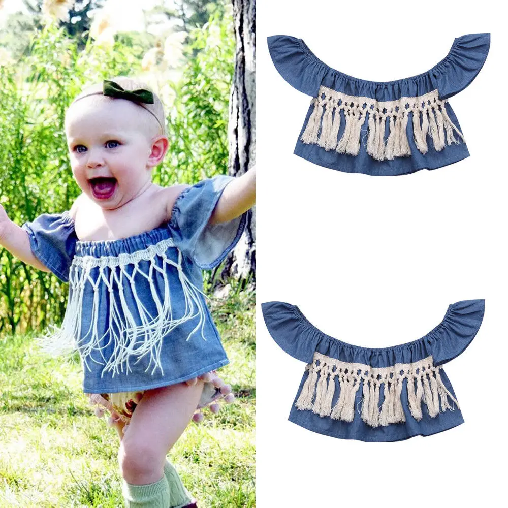Детская одежда для малышей комбинезон для Девочек Деним джинсовая с открытыми плечами летняя 0-24 M