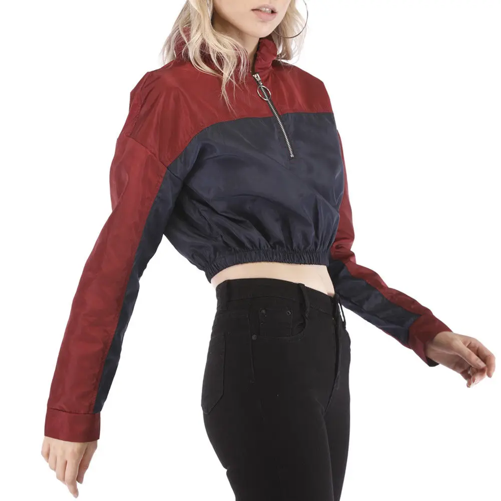 

Vogue Women Short Patchwork Long Sleeve Pullovers Hoodie Female Loose nipped waists Ctop Top Sweatshirts Lady Half Zip Hoody Top