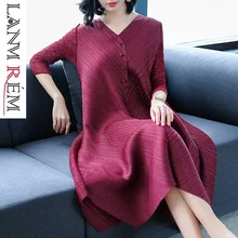 LANMREM High Quality Pleated Dresses For Women V neck Three Quarter Sleeve Loose Irregular Elastic Clothes Loose Large Size JR09