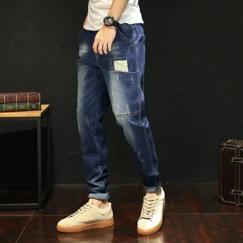 

#2017 Japanese Streetwear Jeans For Man Plus Size 44 Joggers Jeans Loose Pencil Harem Jeans Patchwork Stretch Denim Black Blue