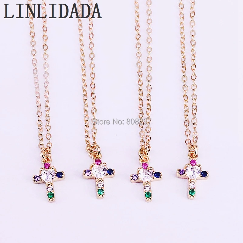 

10Pcs Fashion Rainbow Cubic zirconia micro pave cross Pendant Necklace, Gold color Charms Jewelry