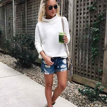 

2019 Winter Spring New Fashion Solid Turtleneck Loose Tops Women Casual Long Sleeve White Knitted T-shirt