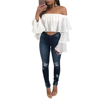 

2019 Fashion T Shirt Women Off Shoulder Tops Black White Long Sleeve Shirt Casual Loose T-shirt Flare SLeeve Cropped Top
