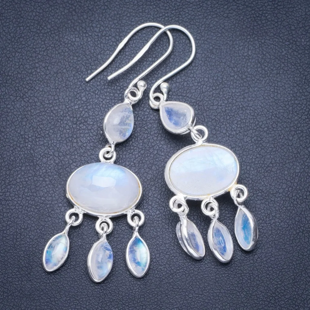 

Natural Rainbow Moonstone Handmade Unique 925 Sterling Silver Earrings 2.25" A0627
