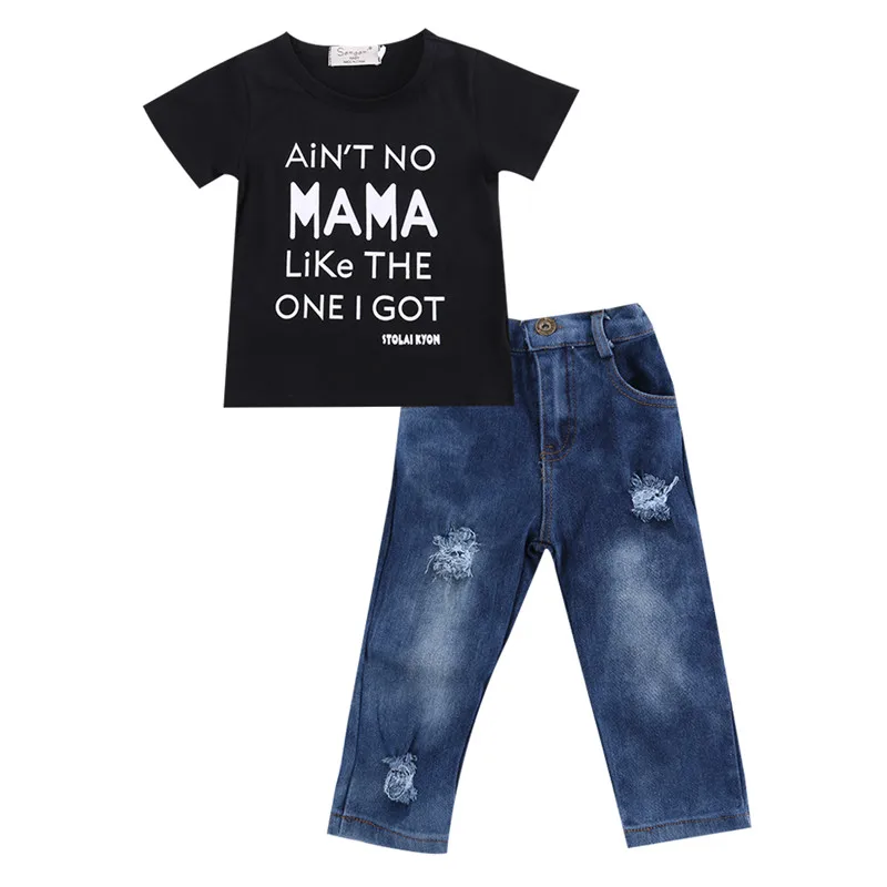 Baby Girls Clothes Set 2pc/Set Black Short Sleeves Tshirt Letter T-Shirt Tops Blue Jeans Long Cowboys Pants New Born Outfit | Детская