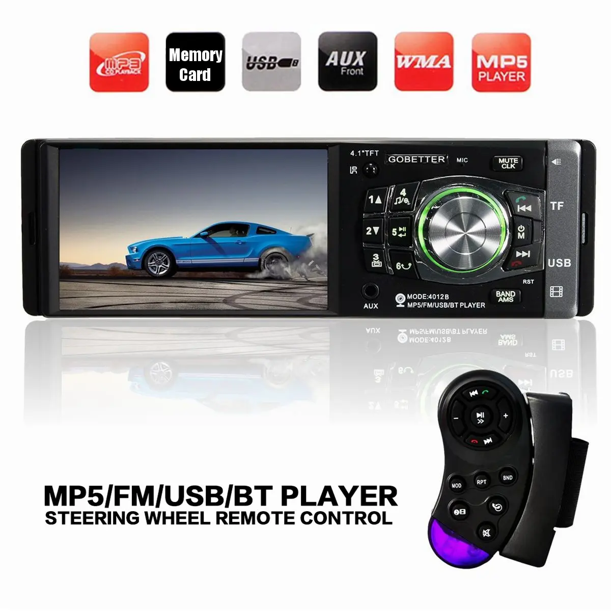 

4.1inch Hands Free Car Radio Stereo MP3 MP4 MP5 Player bluetooth Wheel Control Support USB/TF/AUX/FM Receiver w/ Wireless Remote