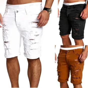 

New Cool Men's Skinny Runway Straight Knee Denim Pants Destroyed Ripped Knee Length Jeans