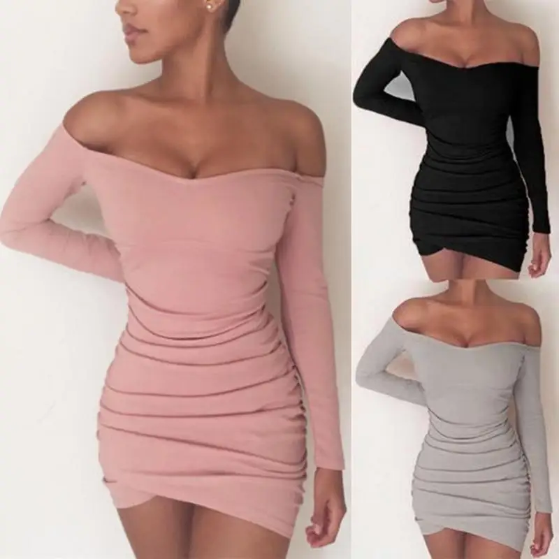 

Autumn Knitting Sexy Dress Women Long Sleeve Off Shoulder Slash Neck Halter Slim Mini Party Pack Hip Dress Bodycon Pullover #137
