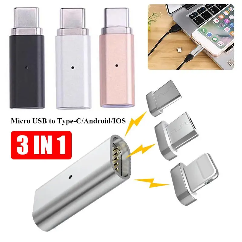 

3-in-1 Micro USB Female To Type-C/Android/IOS Male Magnetic Adapter Metal Small Size Light Weight And Easy To Carry Three Colors