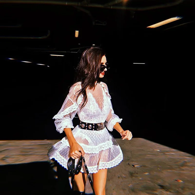

2019 summer bikini cover up lace hollow crochet swimsuit beach dress