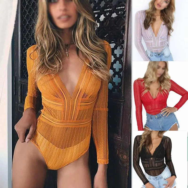 

7 Colors Deep V Neck Lace Mesh Crochet Bodysuit Long Sleeve Hollow Out Back Mesh Bodysuit Women Slim Fit Romper Jumpsuit