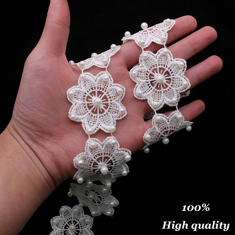 

1yard 100%Polyester White Pearl Flower Handmade Beaded Embroidered Lace Edge Trim Ribbon Applique Wedding Dress Sewing Craft DIY