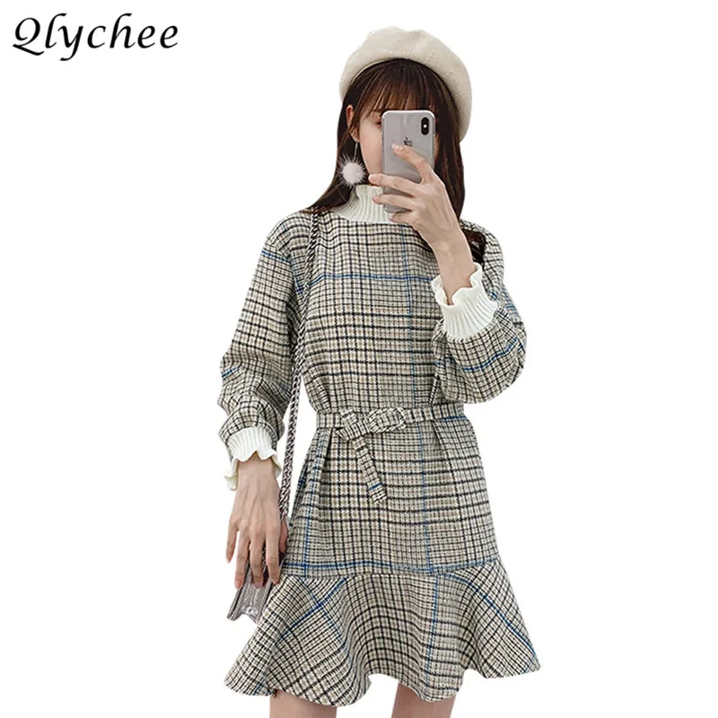 Qlychee Plaid Dresses Female Long Sleeve Turtleneck Fake Two Pieces Mini Dresses Spring Autumn Sweet Women Dresses