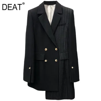 

DEAT 2020 New Fashion Striped Patchwork Office Style Blazers Female's Long Sleeve Irregular Double Breasted Jacket YF32101
