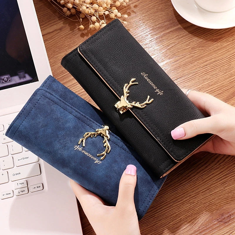 

Women's Wallet Female Long Section Three Fold Deer Head Fashion Tide Cool Style Scrub Multi-Card Purse