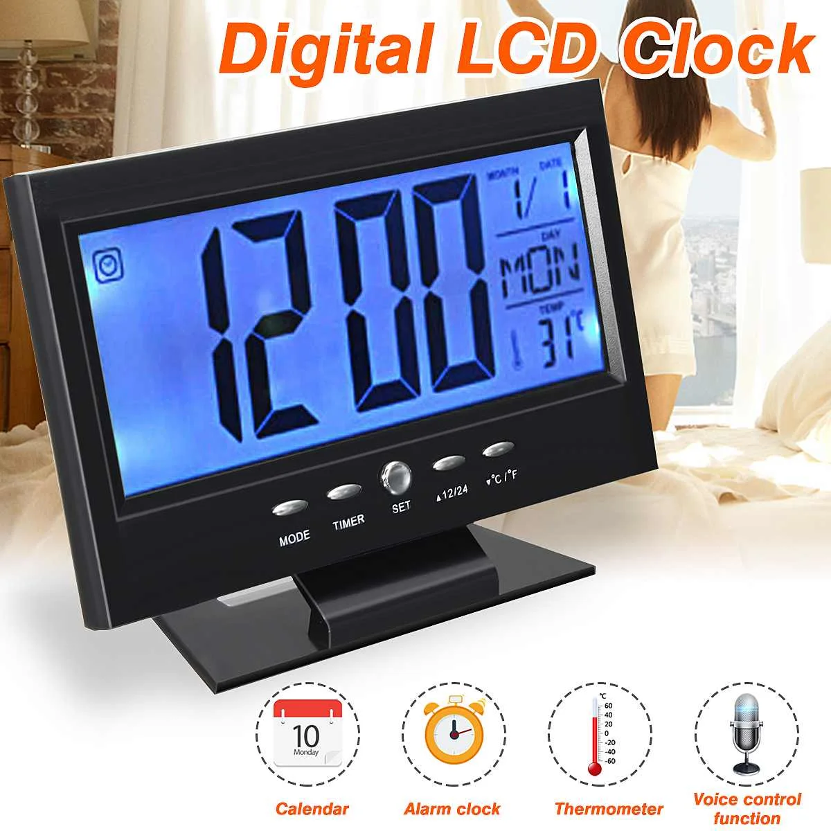 

Desktop Display Sound Control Alarm Clock Black LCD Digital Table Clock Calendar Temperature