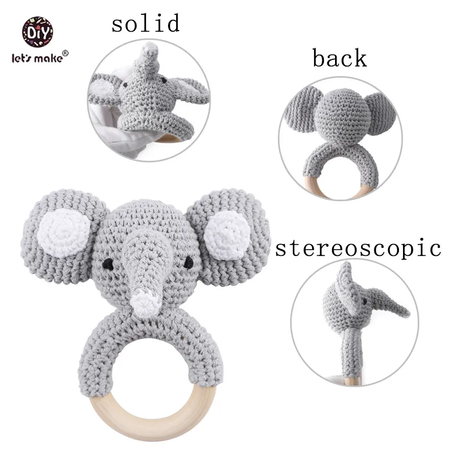 Let's Make Baby Rattle 1set Crochet Amigurumi Elephant Owl Custom Name Newborn Montessori Educational Wooden Rings Baby Toys   