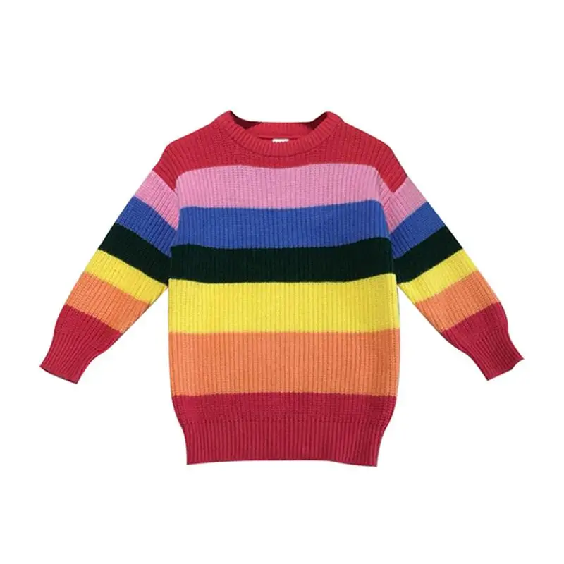 Kids Sweater Rainbow Striped Pullover Pure Cotton Long Sleeve For Girl