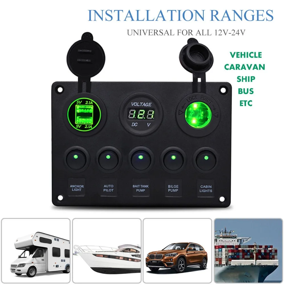 

12V 5 Gang ON OFF Toggle Switch Control Panel 2 USB Charger 4.2A for Car Marine Blue