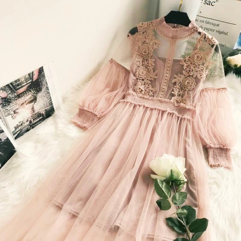 

Women Puff Long Sleeve Lace High Neck Lolita Mesh Sheer A-line Dress tulle femme jurkjes