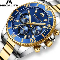 MEGALITH роскошные часы для мужские водостойкие спортивный хронограф аналоговые 24 часа дата Кварцевые часы нержавеющая сталь наручные часы