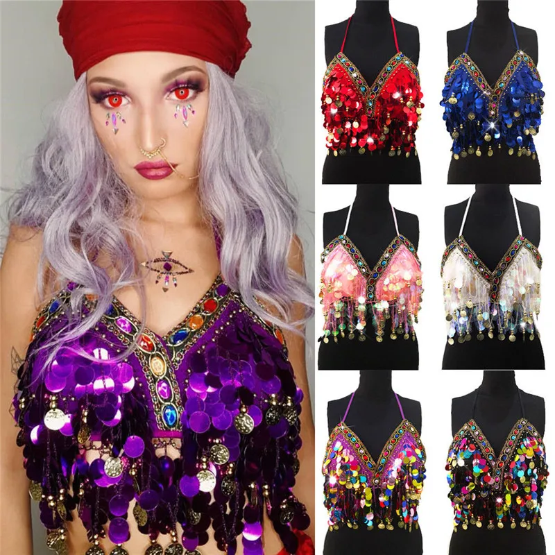 

HIRIGIN Womens Sparkling Sequins Tassels Bra Top Raves Belly Dance Costume Club Wear