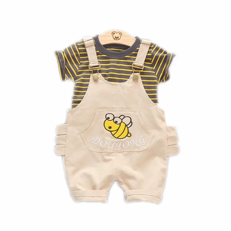 

Summer Baby Girls Boys Clothing Sets Infant Clothes Suits Stripe T Shirt Strap Cartoon embroidery Shorts Kids Children Costume