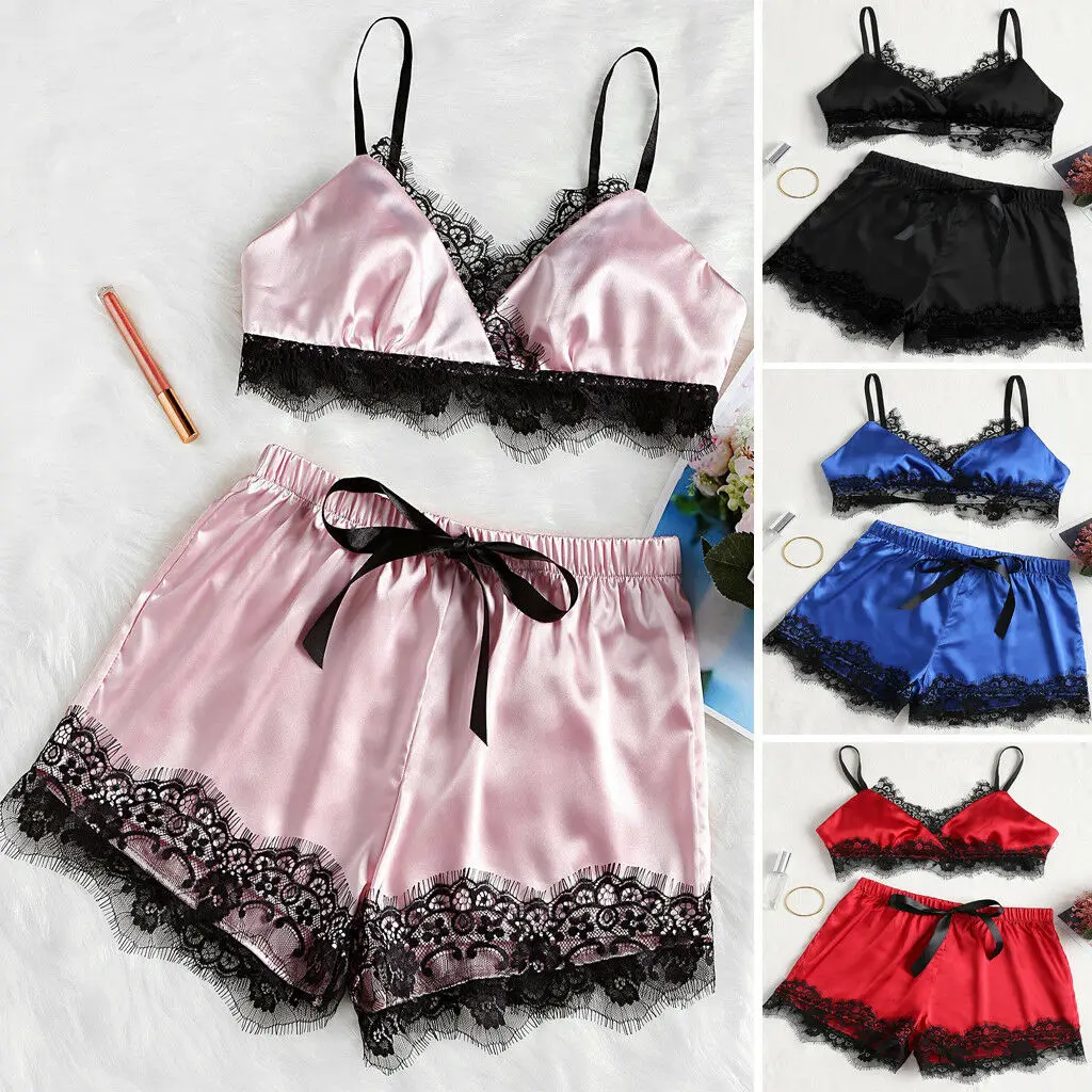 

Hirigin New 2pcs pajamas sets for women lace satin summer nightwear sexy lingerie pajamas pyjamas women homewear NEW Style