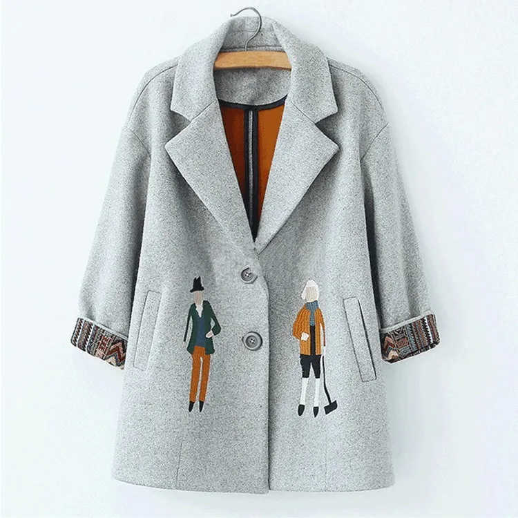 

Autumn Winter Women's Wool Coats Casual Spliced Embroidered Blends Female Turn-Down Collar Jacket Casaco Feminino