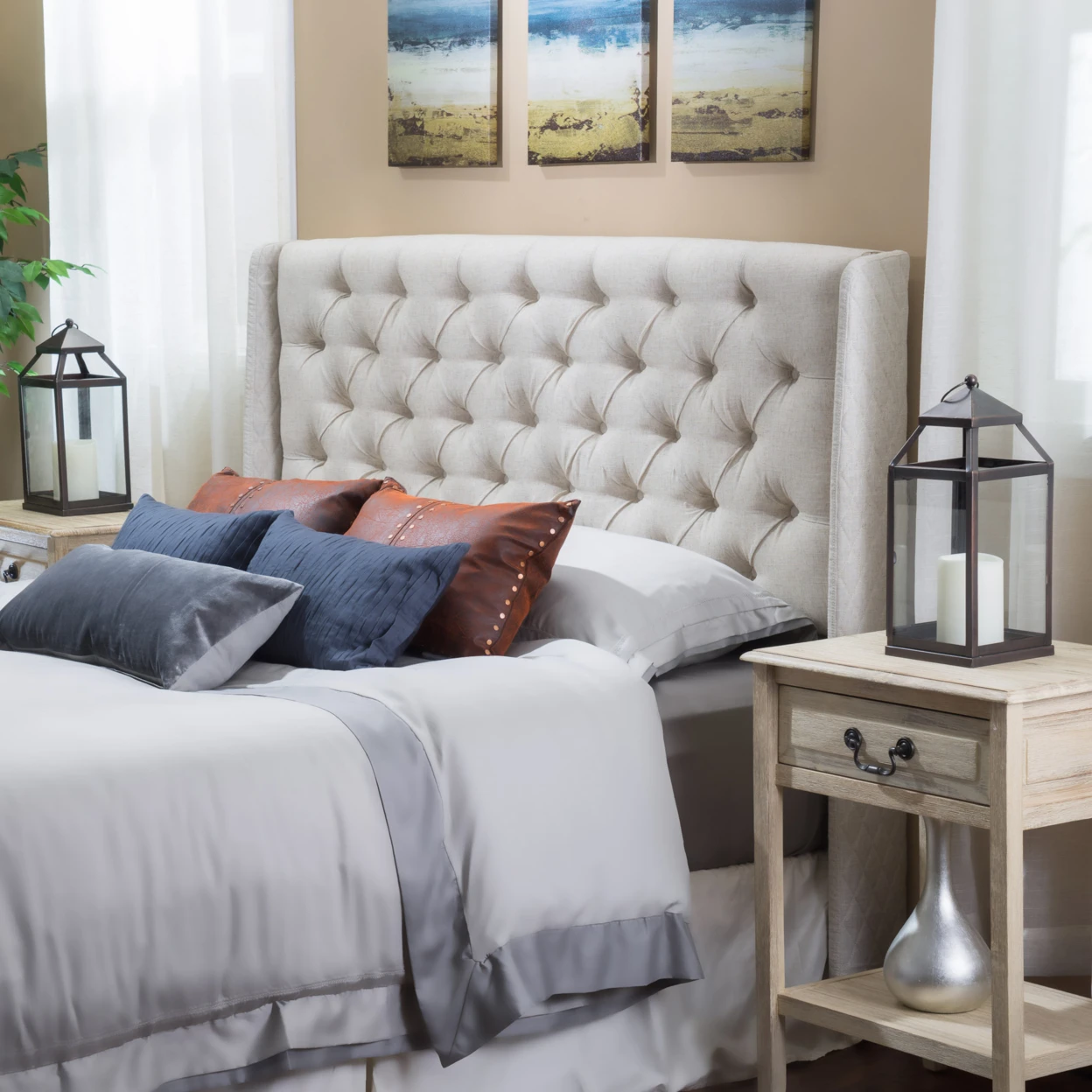 Allen Wingback Queen/Full Tufted Beige Fabric Headboardin Beds from