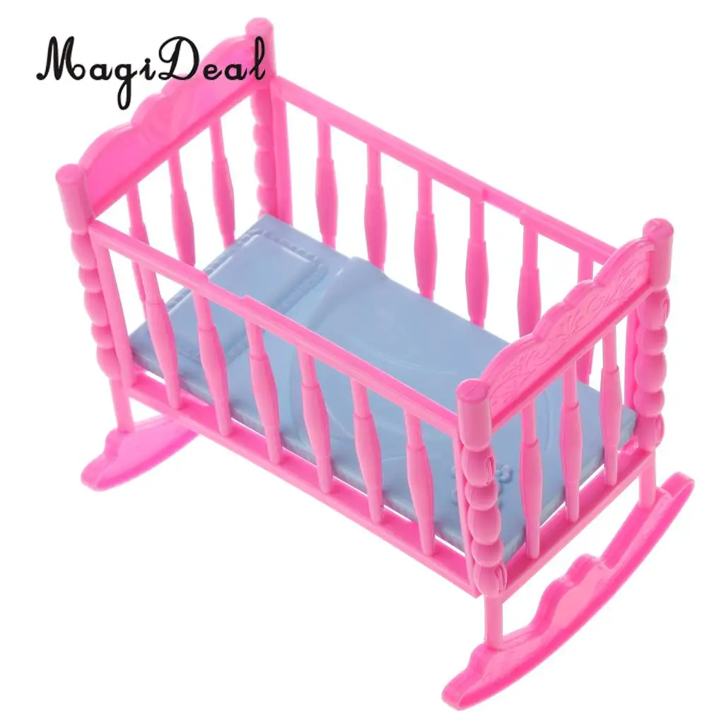 Lovely Pink Dollhouse Miniature Baby Rocking Bed Cradle Bedroom