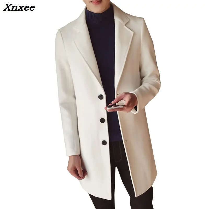 

Men's Solid Color Wool Coat England Middle Long Coats Jackets Slim Fit Male Autumn Winter Overcoat Woolen Coat M-5XL