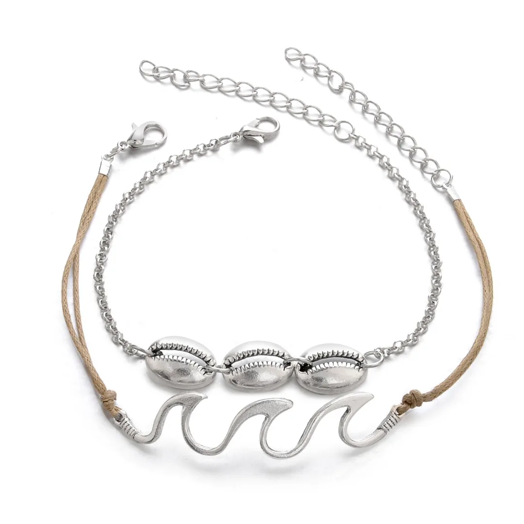 

2pcs Bohemian Shell Foot Chain Anklet Simple Charms Wave Geometric Rope Chain Anklet Shellhard Fashion Beach Jewelry For Women