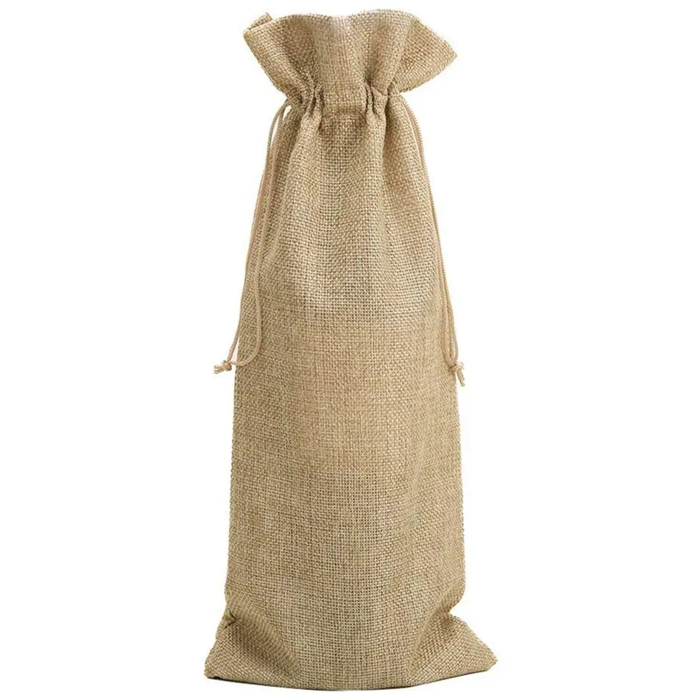 Pack of 10 Linen Wine Bottle Covers with Drawstring 13.8 inch x 5.9 inch jute wine bag Holder Carrier for gifting and decorating