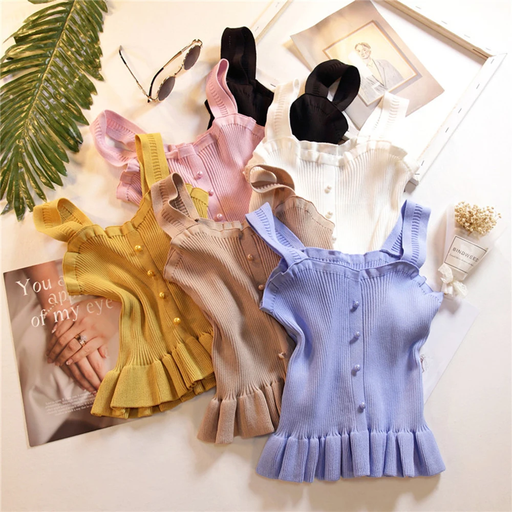 

Women Sleeveless T-shirt Vest Sexy Spring Crop Top Knitted Tank tops Casual Ruched Camis Button Solid Pearl Imitation Elastic