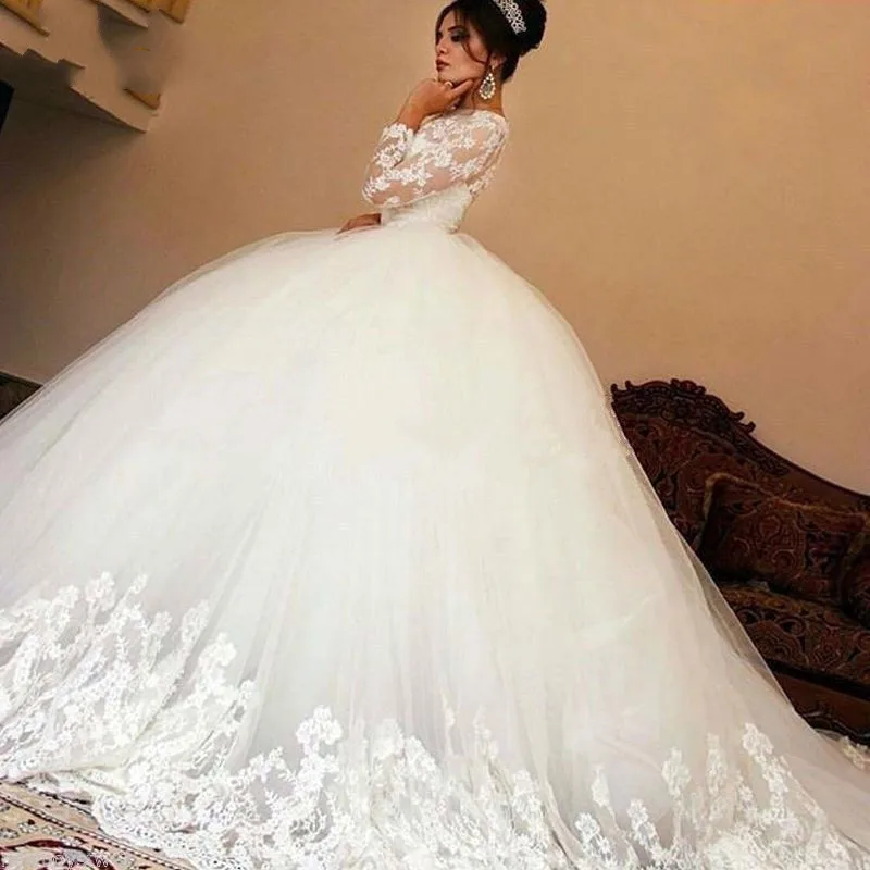 de baile esponjoso de manga larga de encaje romántico elegante de talla grande vestidos de boda 2018 nueva moda vestido de boda personalizado hecho|Vestidos novia| - AliExpress