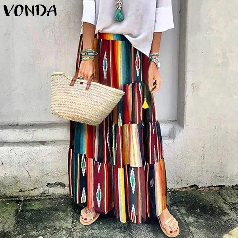 

Fashion Women Skirts 2019 VONDA Summer Sexy Vintage Print Long Skirts Casual Loose Femme Layered Skirt Plus Size