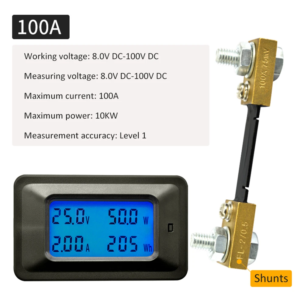 50A 100A ЖК дисплей DC 8 100 В Ток Мощность счетчик энергии тестер 4 IN1 цифровой вольтметр