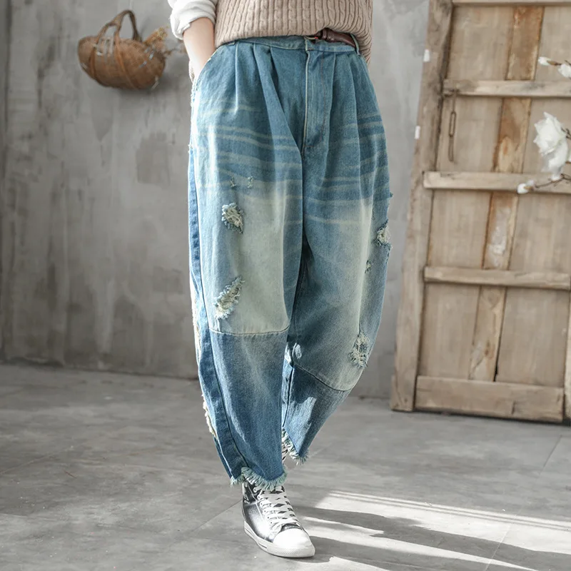

2019 Spring Women's Haren Denim Pants Ankle Length Vintage Style Spliced Solid with Holes Female Trousers Big Loose Blue