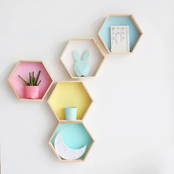 

Hot Wood Hexagon Wall Decoration Baby Room/bedroom Candy Organization Hanger Photography Props Shelves Storage Decor Polygon Box