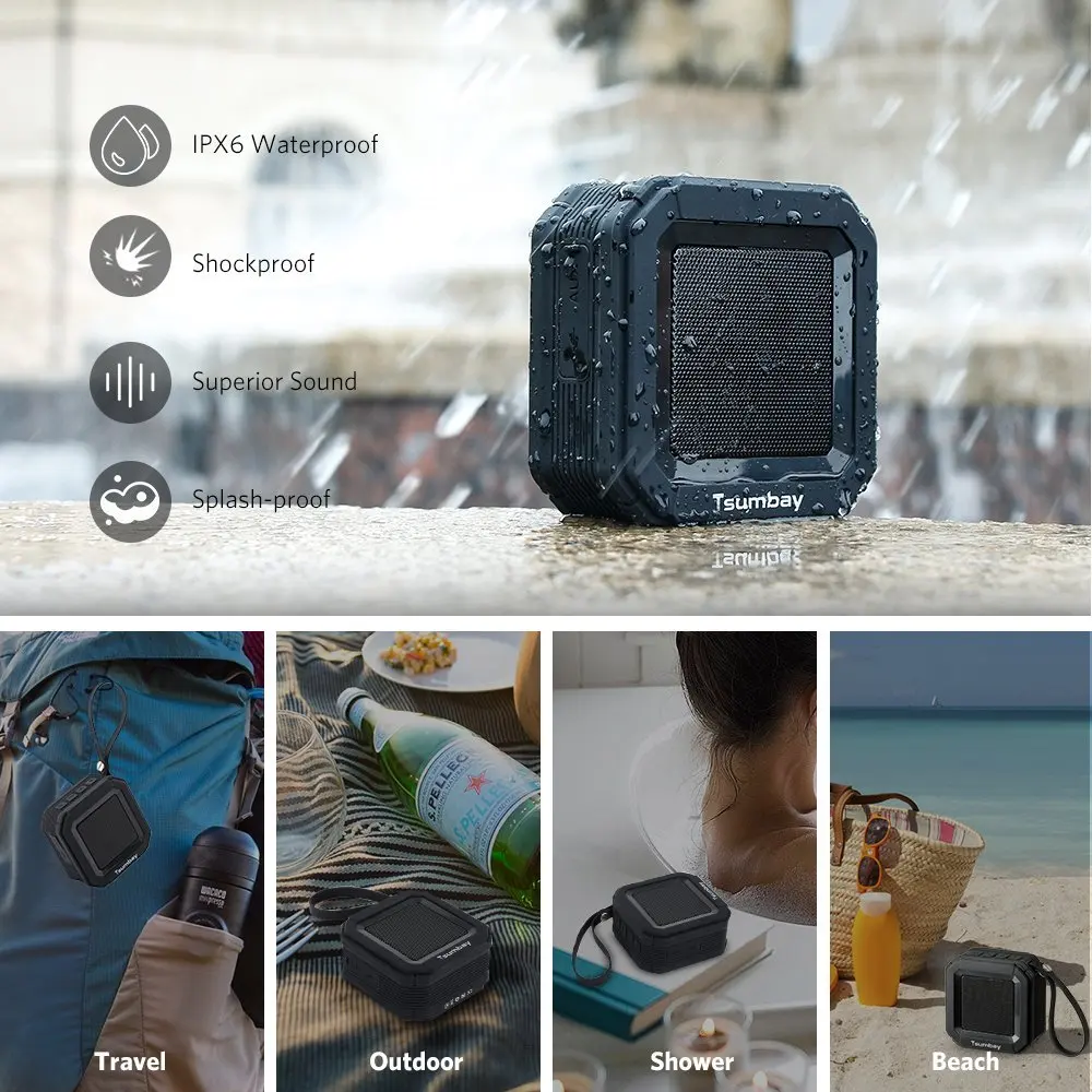 

Tsumbay Mini Bluetooth Speakers IP65 Waterproof Splash-proof Stereo Sound Built-in Mic up to 20Hours Playtime Portable Amplifier