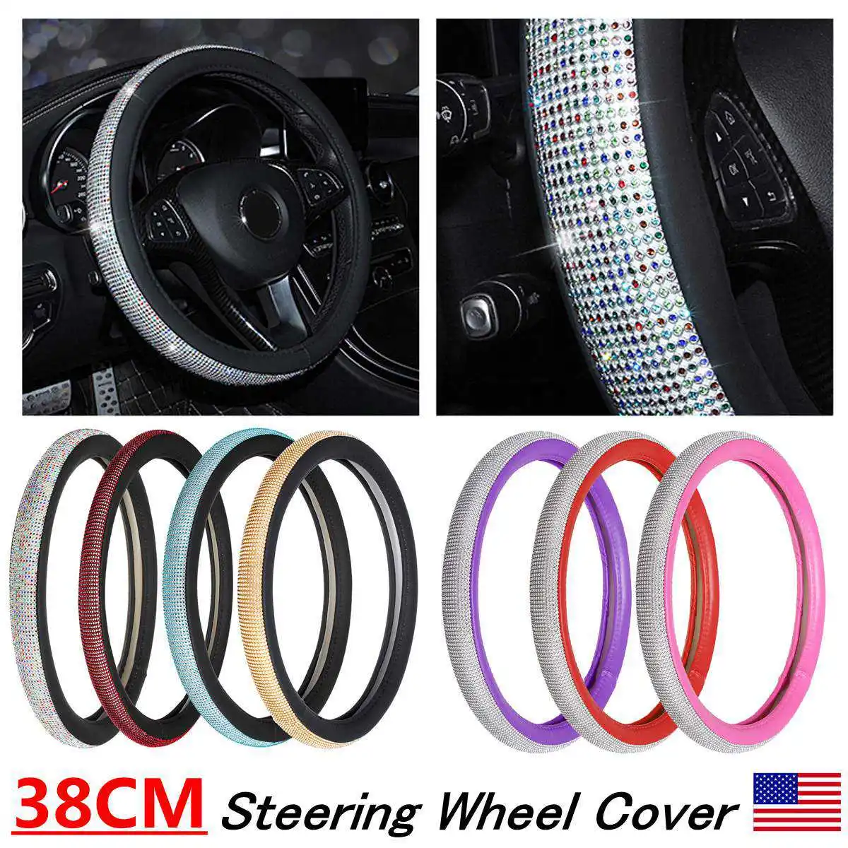 

Leather Car Auto Steering Wheel Cover With Crystal Rhinestone Auto Car Interior Accessories For Women Girls 15'' 38cm