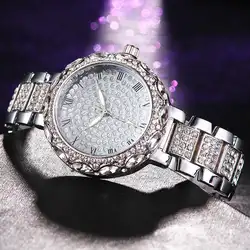 2019 для женщин Роскошные часы с кристаллами Bling римские цифры часы нержавеющая сталь кварцевые наручные женские серебряные часы