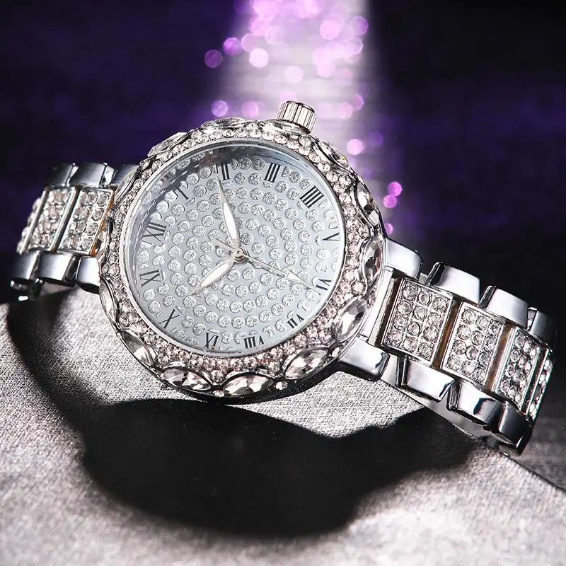 

2019 Women Luxury Diamond Watch Bling Bling Roman Number Clock Stainless Steel Quartz Wristwatch Lady Female Silver Watches