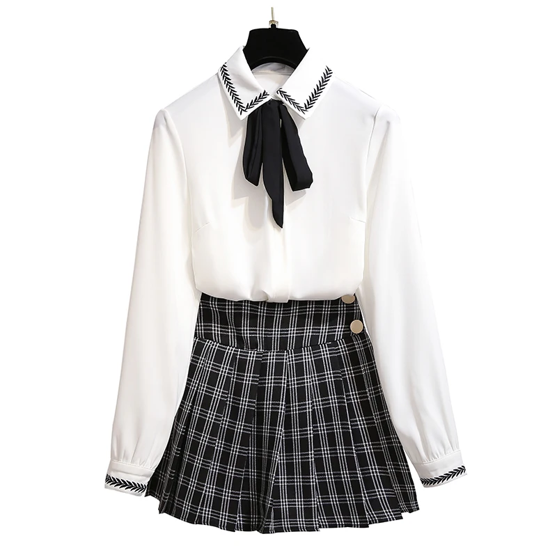 

2019 spring knit suits women sweater embroidered shirts & pleated skirt of tall waist two-piece outfit vestido girl clothes
