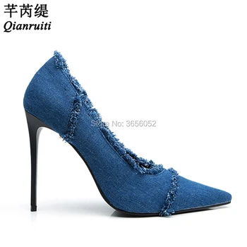 

Qianruiti Fashion Sexy Fringed Denim Blue High Heels Office Dress Ladies Shoes Slip On Pointed Toe Women Pumps Sapato Feminino