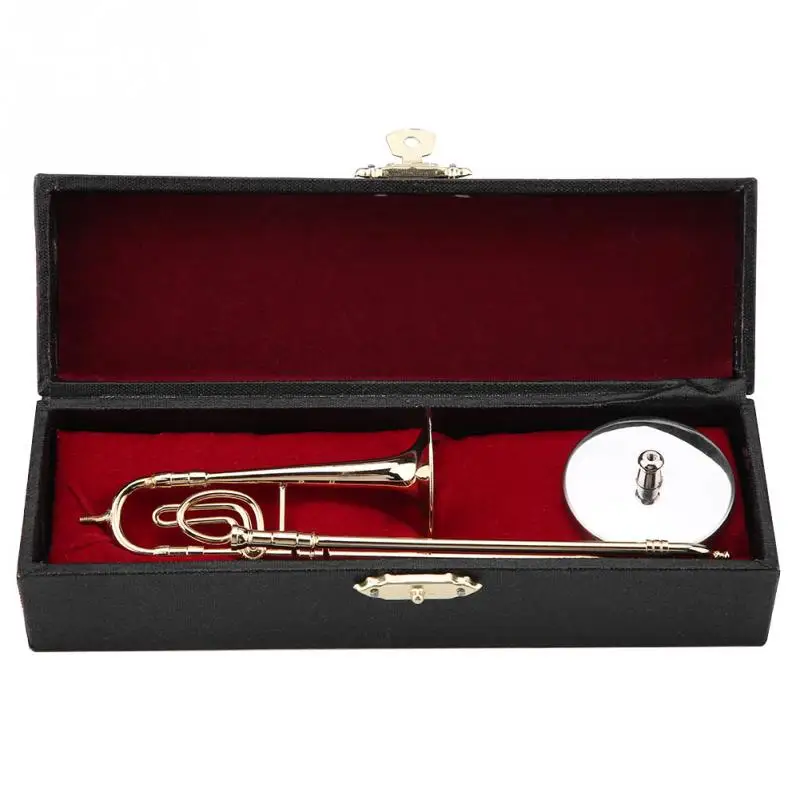 Miniature Trombone Replica with Stand and Case Gold Plated Instrument